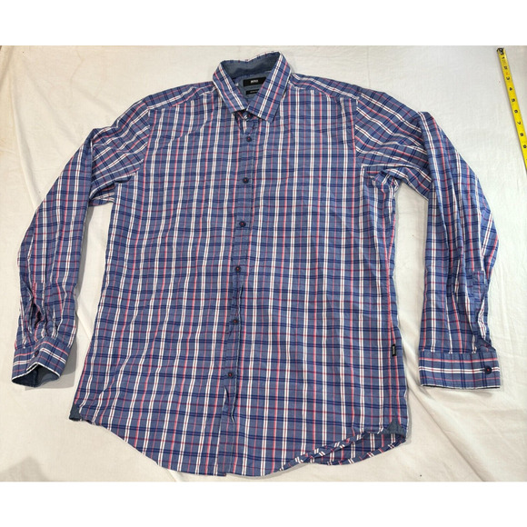 Hugo Boss Button Up Shirt Men's Size L Purple Lavender check Pattern - Picture 9 of 14